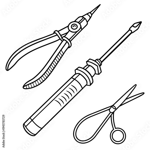 Surgical instruments illustration: forceps, syringe & scissors line art