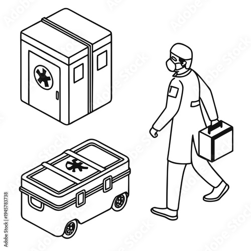 Medical worker and equipment illustration: doctor, cabinet & transport box