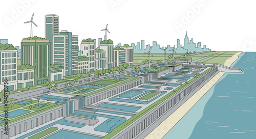 A green city with rooftop gardens, wind turbines, and water systems lines a coastline.
