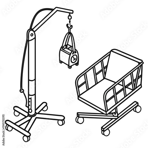 Baby bassinet and patient lift medical equipment line art icons
