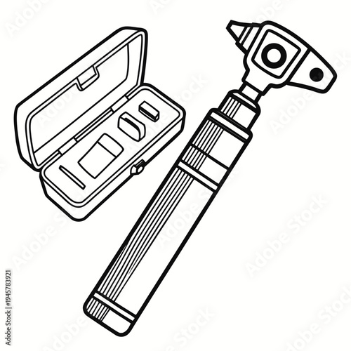 Otoscope with carrying case and accessories line art drawing