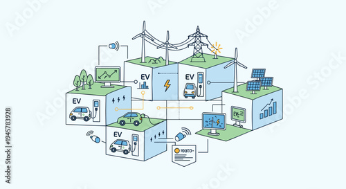 An isometric diagram shows an EV ecosystem with cubes, wind turbines, solar panels, and charging stations.