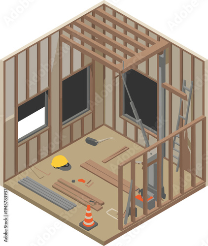 Isometric house construction interior framing with wooden structure, tools and ladder, residential building process, carpentry renovation vector illustration