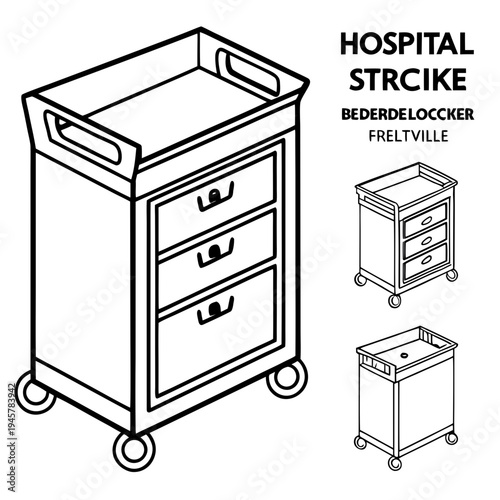 Hospital bedside cabinet with drawers isometric line art set