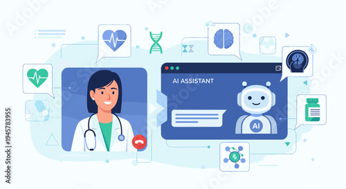 Female doctor on video call with AI assistant, surrounded by medical icons.