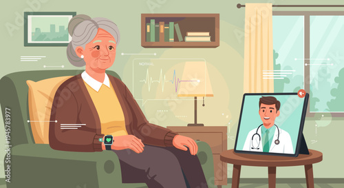Elderly woman on video call with doctor via tablet, wearing a smartwatch.