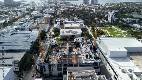 Drone shot of building development in dense coastal district Miami Beach
