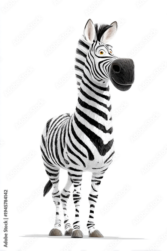 Fototapeta premium A cute cartoon zebra stands gracefully with bold black and white stripes. This clean vector illustration features a friendly expression and simple lines, perfect for children’s book designs.