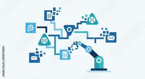 A blue robotic arm is depicted processing digital information, connected to a network of document, email, gear, and security icons on a light blue background.