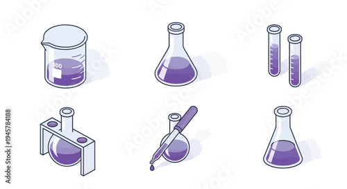 Illustrated chemical glassware in purple, suitable for science and laboratory concepts