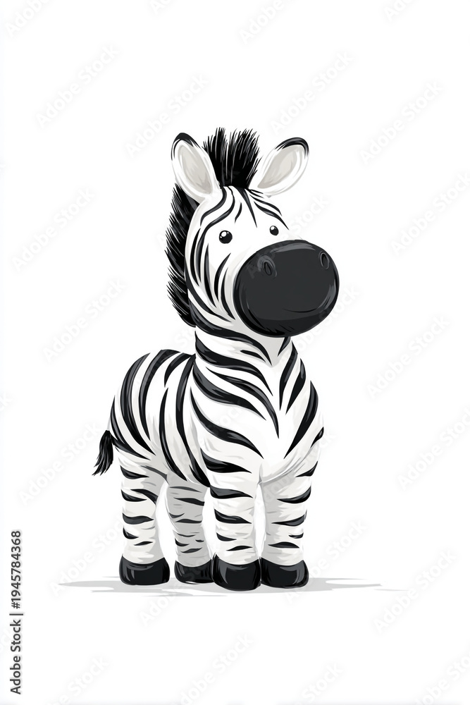 Fototapeta premium A cute cartoon zebra stands gracefully with bold black and white stripes. This clean vector illustration features a friendly expression and simple lines, perfect for children’s book designs.