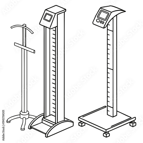 Medical height and weight scale with coat rack isometric icon set