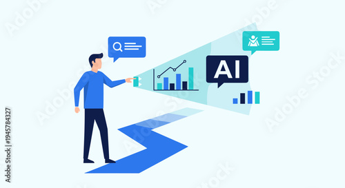 Man illuminates data charts and AI icon with flashlight on winding path.