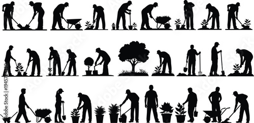 Gardening and landscaping worker silhouettes collection showing planting, digging, watering and garden maintenance activities with tools and wheelbarrow isolated on white background