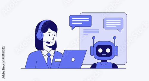 Customer service agent with headset interacts with chatbot on light background.
