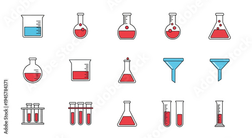 Illustrated laboratory equipment icons featuring beakers, flasks, and funnels for science