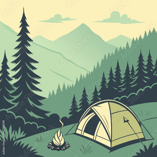 Peaceful camping scene with tent and campfire in mountain forest landscape