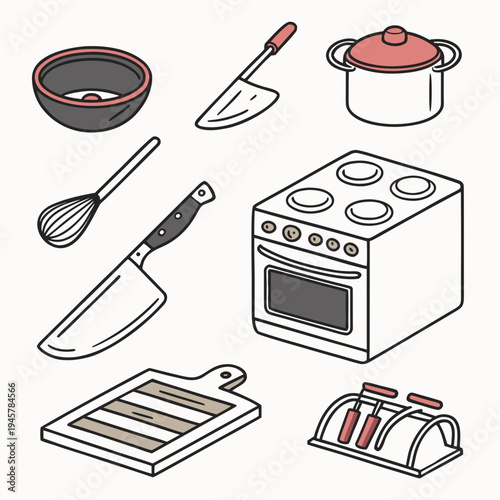 Kitchen utensils and cooking equipment isometric icons set