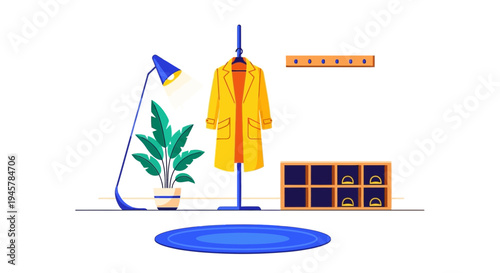 Cozy Hallway Interior with Yellow Coat, Green Plant, and Blue Lamp