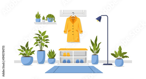 Cozy Hallway Interior with Yellow Coat, Green Plants and Shoe Rack