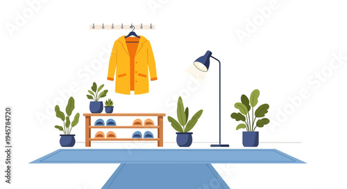 Cozy Hallway Interior with Yellow Coat, Green Plants, and Shoe Rack, Home Decor Concept