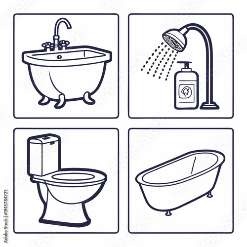 Bathroom fixtures and appliances line art icons set vector graphic