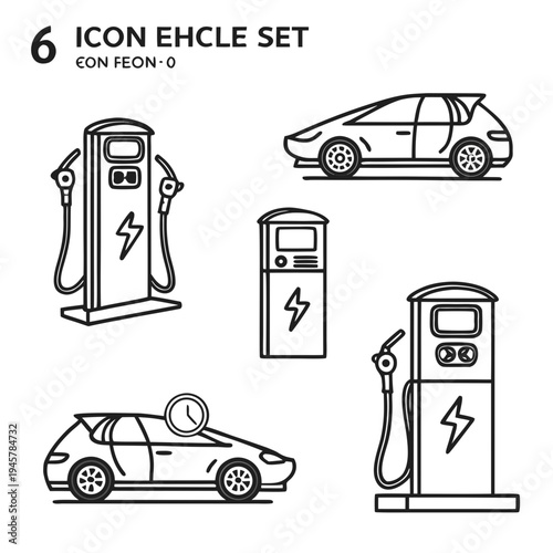 Electric vehicle charging doodle icons. eco-friendly transport system