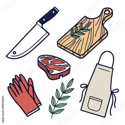 Butchery and cooking essentials doodles set - kitchen tools collection