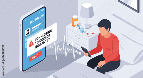 A man sits on a bed holding a smartphone while another displays a telehealth app.