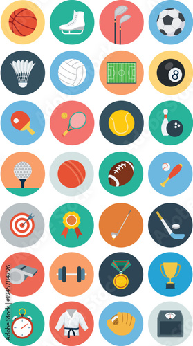 Diverse collection of flat design sports icons showcasing various athletic equipment and competitive game elements perfect for modern web and mobile UIUX design