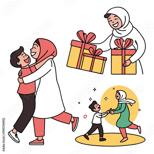 Happy muslim family celebrating holiday with gifts and hugs illustration