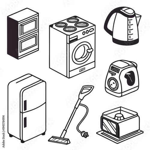 Isometric home appliance icons set: kitchen and laundry electronics