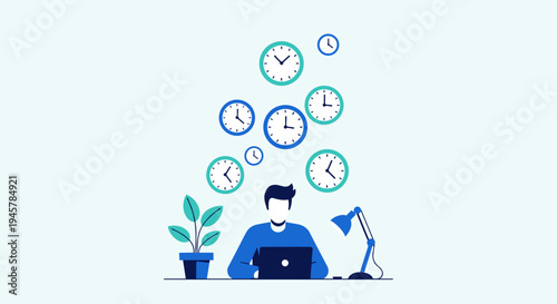 A man sits at a desk using a laptop with nine floating clocks above him.