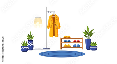 Cozy Hallway Interior with Yellow Coat, Shoe Rack, and Potted Plants