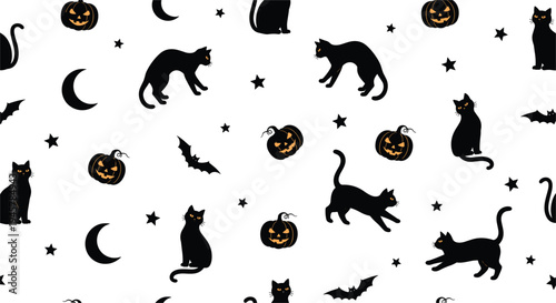Halloween pattern with black cats, bats, moons, stars and jack‑o’‑lanterns for spooky festive decorative vector design projects