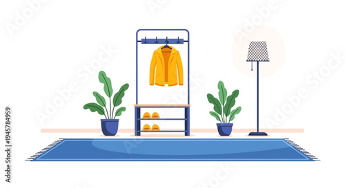 Cozy Hallway Interior with Yellow Jacket on Rack and Potted Plants