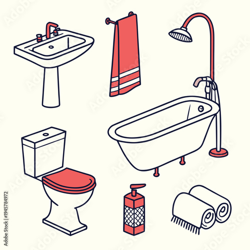 Isometric bathroom fixtures and accessories outline icons set