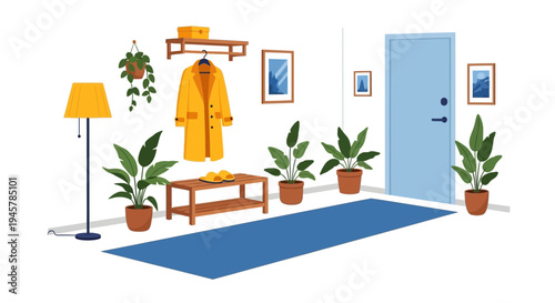 Cozy Home Entryway with Decorative Plants and Yellow Coat