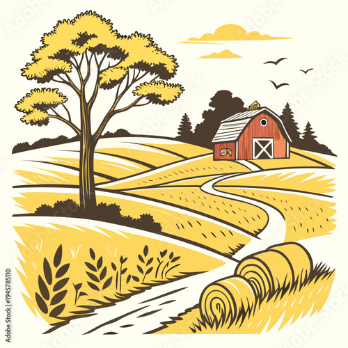Farm landscape vector art. rural barn with hay bales in golden fields
