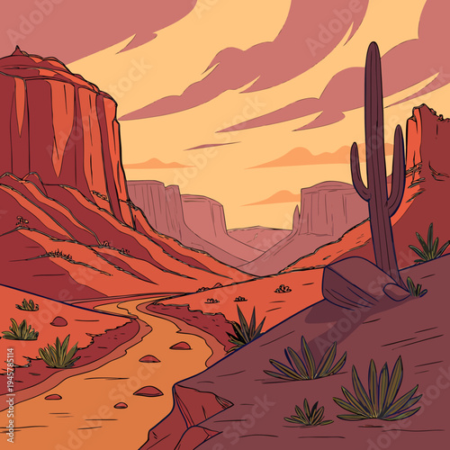 Grand desert canyon valley at dusk vector illustration with cactus