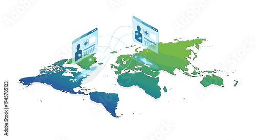 Isometric world map with two medical profile windows connected by lines.