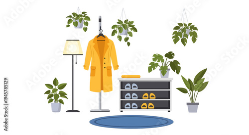 Cozy Home Entryway with Hanging Plants and Yellow Coat on Rack
