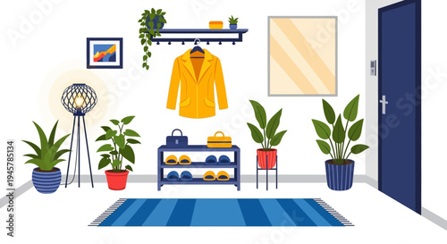 Cozy Home Entryway with Green Plants and Yellow Jacket