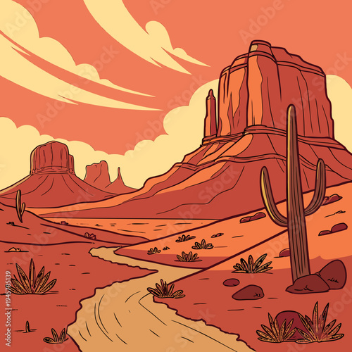 Monumental desert landscape illustration with cactus and buttes