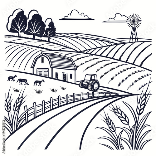 Rustic farm scene monochrome illustration with tractor, barn, wheat fields