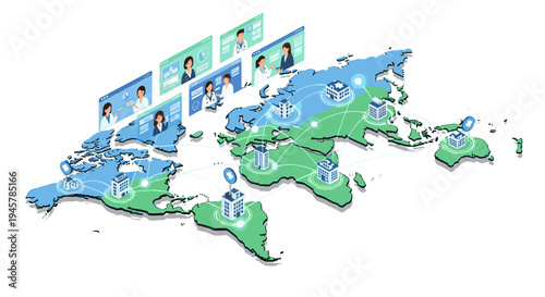 Isometric world map shows hospitals and medical profiles connected globally.