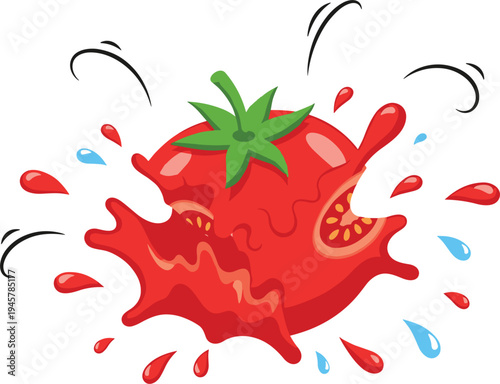 Splashing Tomato Cartoon Vector Illustration with Juicy Red Tomato Burst Fresh Vegetable Food Concept Design