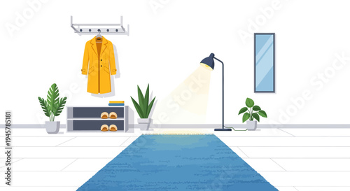 Cozy Home Entryway with Yellow Coat & Blue Rug