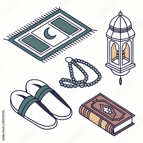 Isometric islamic religious items prayer mat lantern quran icon set
