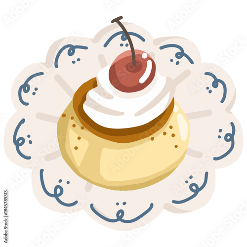 Cute cartoon vector illustration of panna cotta dessert topped with whipped cream and a cherry. Flat design style with soft colors and simple shapes, perfect for dessert menus, bakery graphics, cafe 